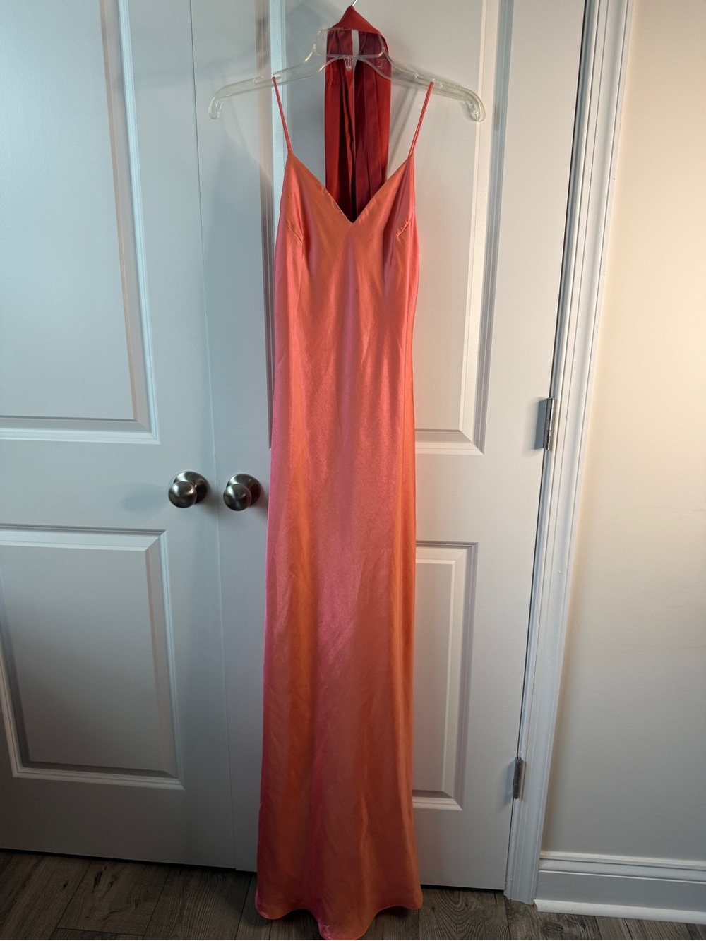 Elegant Coral-Pink Satin Maxi Slip Dress